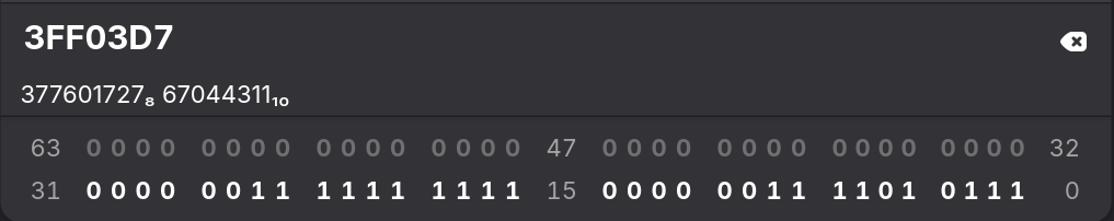 GNOME Calculator showing the bit values of 0x3FF03D7