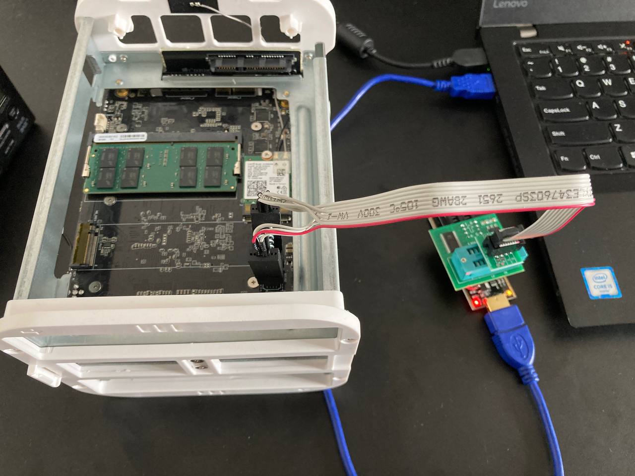 Disassembled AOOSTAR WTR-R1 with SPI Flash programmer connected